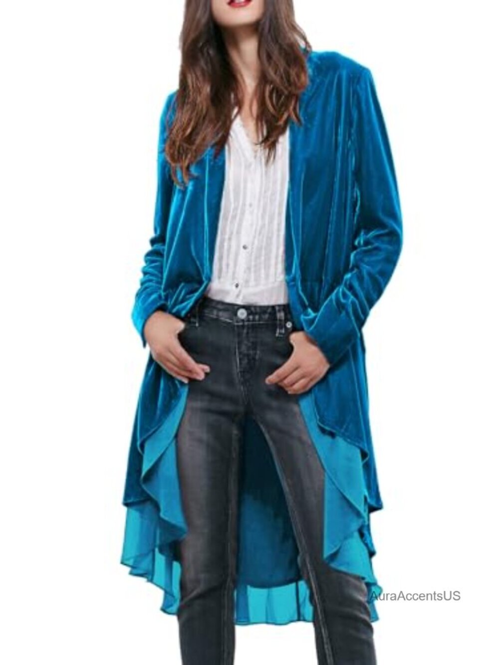 100% Polyester Velvet Cardigan Collarless Long Sleeve Blazer Coat